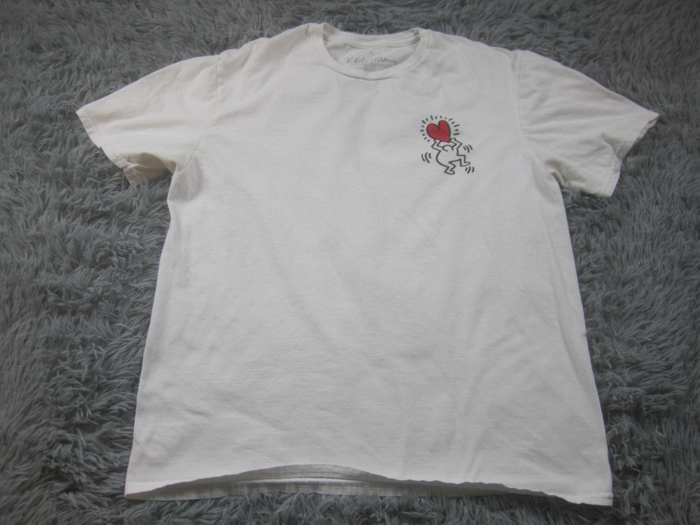 Keith Haring Shirt Mens Large White Heart Dancing Graphic Art Tee Back Print
