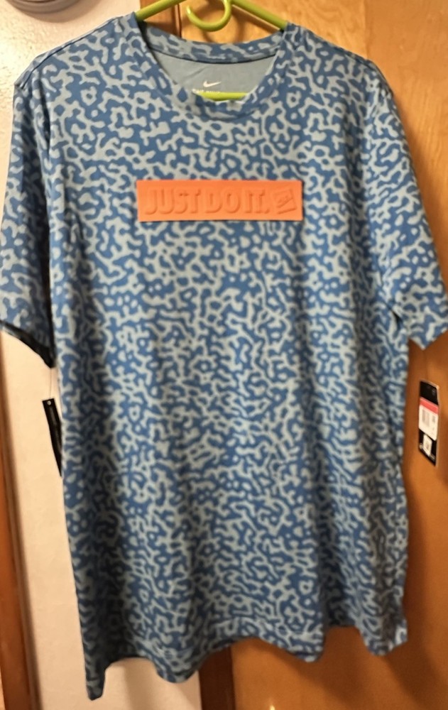 Nike New Shirt Mens L Cerulean Blue Contrast Just Do It Plaque Orange Geometric