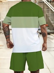 Men’S Plus Size Two-Piece Sportswear Set – Green & White Color Block, 3D Printed