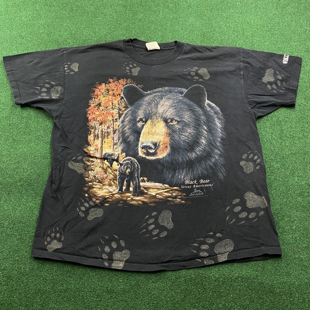 Vintage Bear Nature Shirt Mens XL Black 90S All Over Print Wisconsin USA MADE