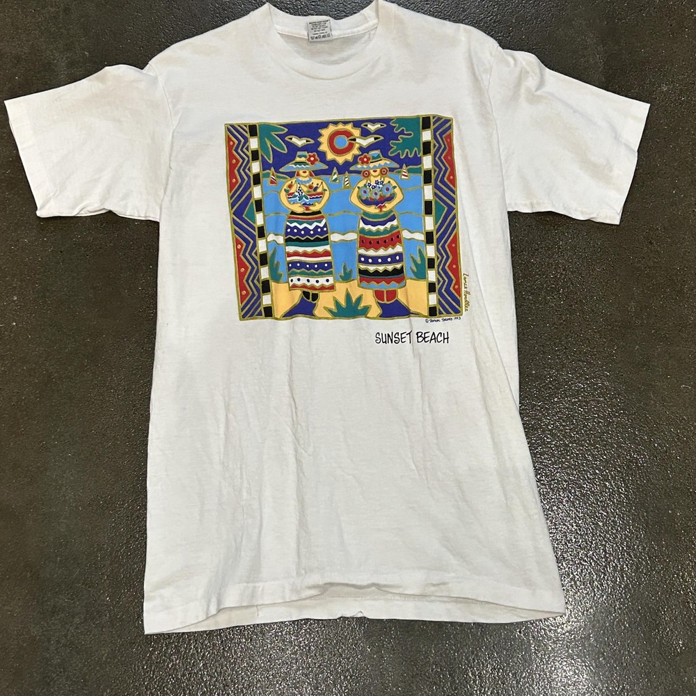 Vintage Tropical Threads Sunset Beach Shirt Mens Medium White Graphic 90s