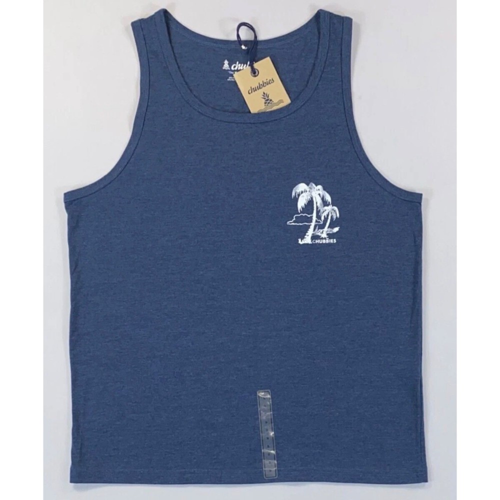 Chubbies Mens Tank Top Large Blue The Weekend Has Arrived Palm Tree NWT