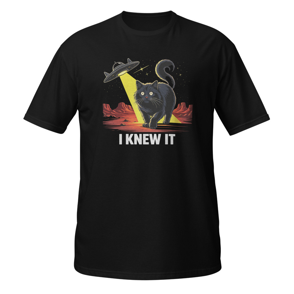 Cat and UFO Unisex T-Shirt, Retro Spaceship Sci-Fi Mars Space Pet Fun Alien