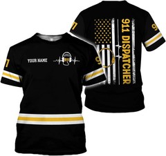 Personalized Name 911 Dispatcher, Thin Gold Line Flag 3D Zip Shirt Size S-5XL