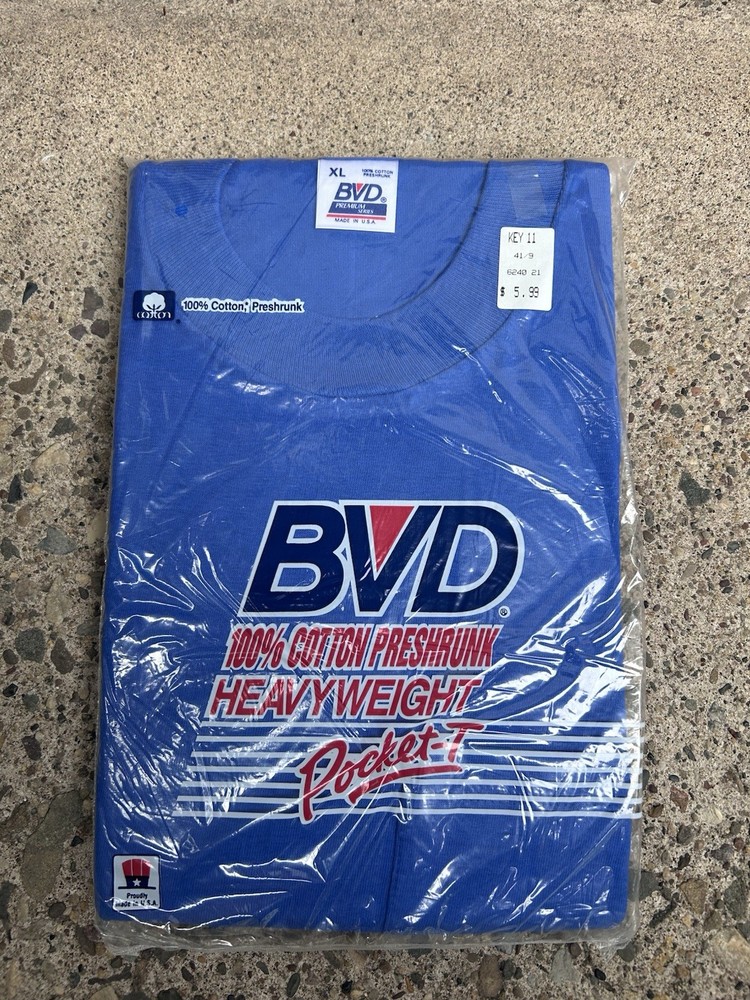 NOS! VTG 90s BVD Blue Pocket Tee BLANK Heavyweight Cotton T Shirt XL – Sealed!
