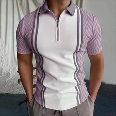 Men’s New Printed Color Matching Loose Casual Short Sleeve Zipper T-Shirt Tops