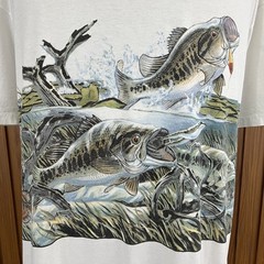 Vintage 90s Largemouth Bass Fishing All Over Print Nature Graphic White T-Shirt