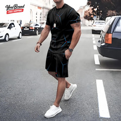 Plus Size Irregular Geometric T-Shirt Shorts 2-Piece Set Quick Drying Loose Men’