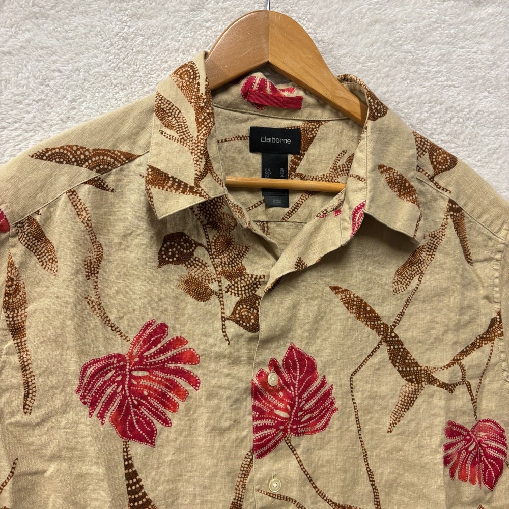 vtg/y2k Claiborne Shirt Mens XL Extra Large Tan 100% Linen Tropical Button Up