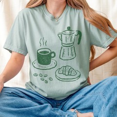 Coffee and Croissant Graphic Tee Hand-Drawn Sketch Art