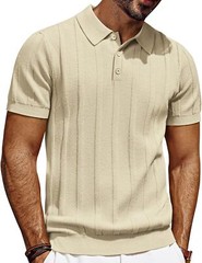 Mens Short Sleeve Polo Shirt Textured Knit Ribbed Casual Golf Style Soft Comfort