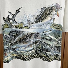 Vintage 90s Largemouth Bass Fishing All Over Print Nature Graphic White T-Shirt
