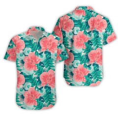 Mens Coral Floral Hawaiian Shirt Teal Tropical Aloha Beach Button Down Summer
