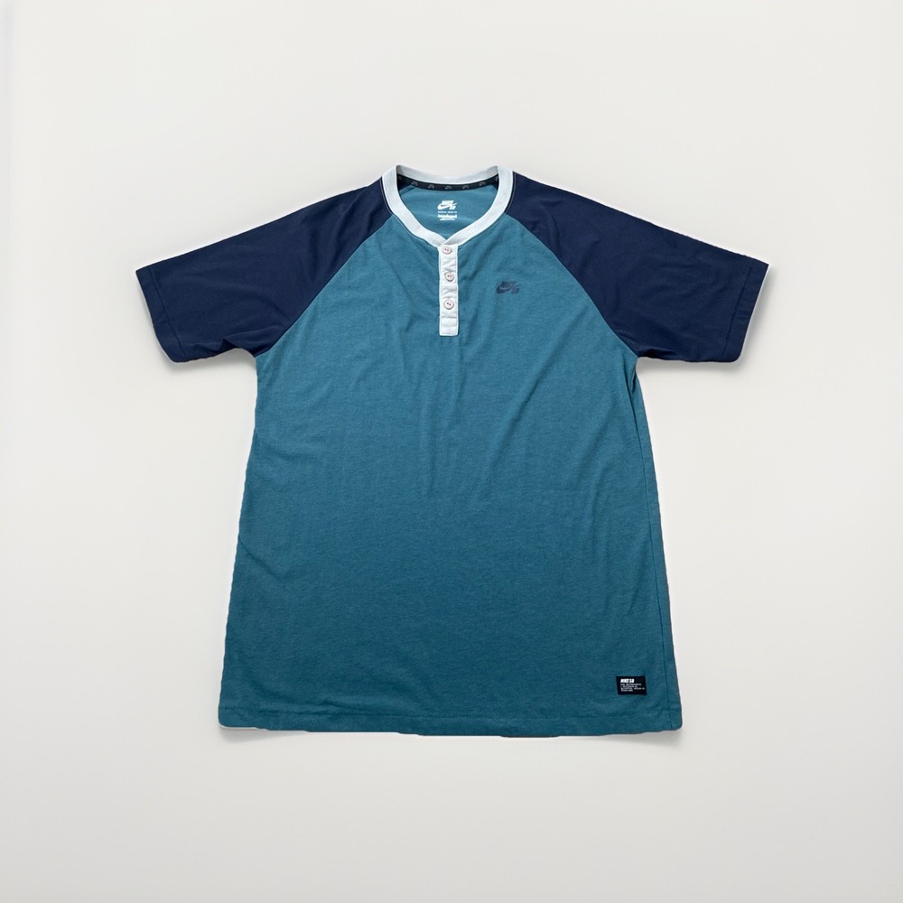 Nike SB Men’s Large Henley T Shirt Teal Blue Raglan 3 Button Skate Dri- Fit Logo