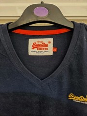 Mens 2XL XXL Superdry Navy Blue T Shirt. Yellow Chest Logo. Great Clean Cond