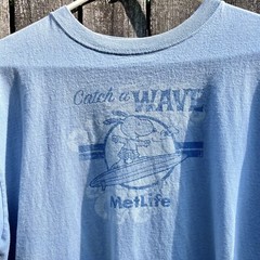 Snoopy Surfing T-Shirt VTG Met Life Insurance Advertising Peanuts XL Light Blue