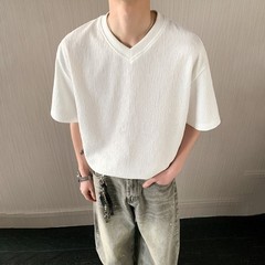Men’s V Neck Short Sleeve T Shirt Loose Fit Pure Color Texture Casual Top