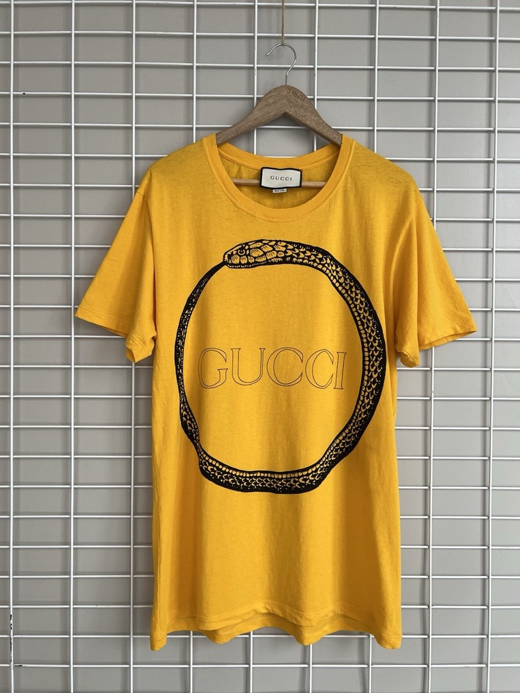 Gucci Ouroboros Snake Logo Printed T-Shirt Men Size M Yellow Cotton Short Sleeve