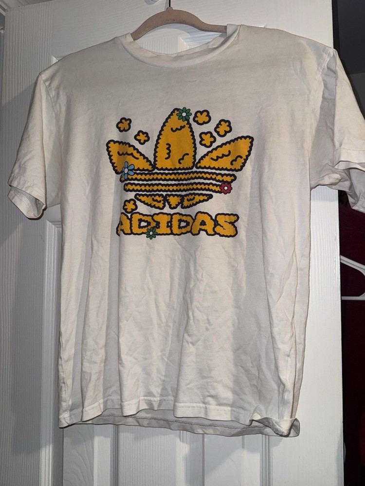 adidas Originals Trefoil Logo Graphic Tee White Cotton Crew Short Sleeve Sz S