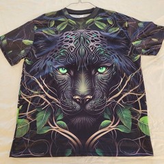 Panther, Black& Gold W/ Green Foliage Size lg. T Shirt S/S. Print Front And Back