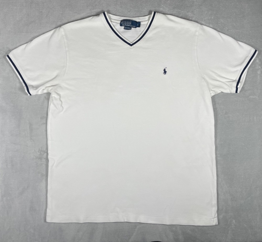 Vintage Polo Ralph Lauren Men’s Large White V Neck Pique Tee Pony Logo Preppy