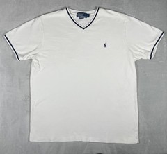 Vintage Polo Ralph Lauren Men’s Large White V Neck Pique Tee Pony Logo Preppy