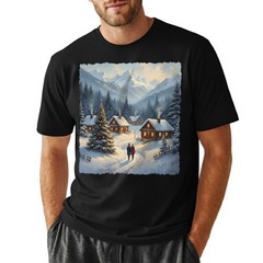 Cozy Winter Village T-Shirt Christmas Log Cabin Snow Scene Mountain Holiday Art