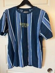 GUESS Originals Men’s Blue Striped Embroidered Logo Crew Neck T-Shirt Size M