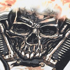 Biker style T-Shirt. Skeleton on a Burning Motorcycle.
