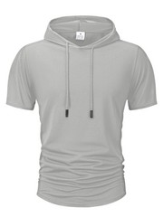 Men Summer Hoodie Short Sleeve Solid Color Loose Drawstring Pullover Top Casual