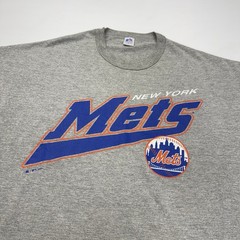 Vtg 2000 Russell Athletic MLB NY Mets Mens Shirt 2XL Gray Spellout Logo Sports