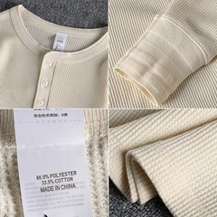 Retro Thread Cuff Knitted Waffle T-Shirt Men’s Long Sleeve Henry Collar Shirt