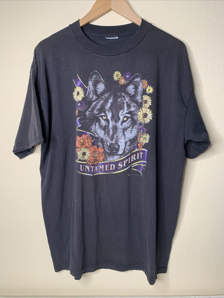 Vintage Untamed Spirit Wolf Shirt Mens Sz XL Outdoor Animal Art Tee 90s