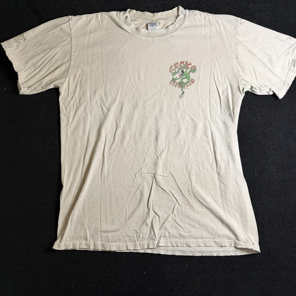 Vintage Crazy Shirts Hawaii Gecko Espresso T-Shirt Distressed Cream Large Y2K