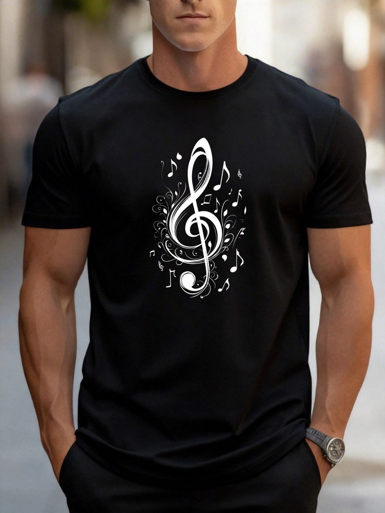 Plus Size, Plus Size Men’S T-Shirt, Casual Short Sleeve, Musical Note Pattern