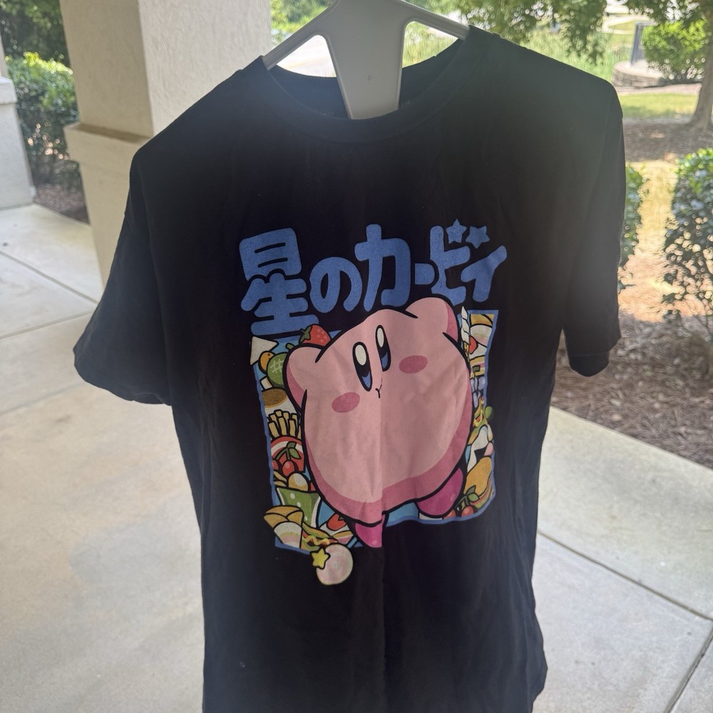 Kirby Men’s L Black T Shirt Nintendo Inhaling Food Japanese Anime