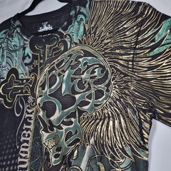 Last Hold Skull Cross Graphic T-Shirt Mens XL Black Green Gold Foil Gothic…