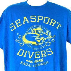 Seasport Divers Kauai Hawaii Submarine Mens T-Shirt size XL 47×27 Tourist Blue