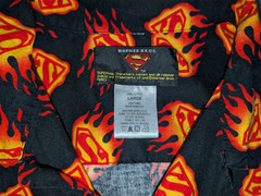 Warner Brothers Superman Shirt Black Flame S Logo Button L Short Sleeve Camp EC