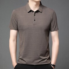 Cotton Polo Shirt Men Short Sleeve Printed Collared Classic Business Casual Top