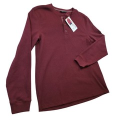 NWT Member’s Mark Thermal Henley Maroon L Waffle Knit Cotton Poly Blend Stretch