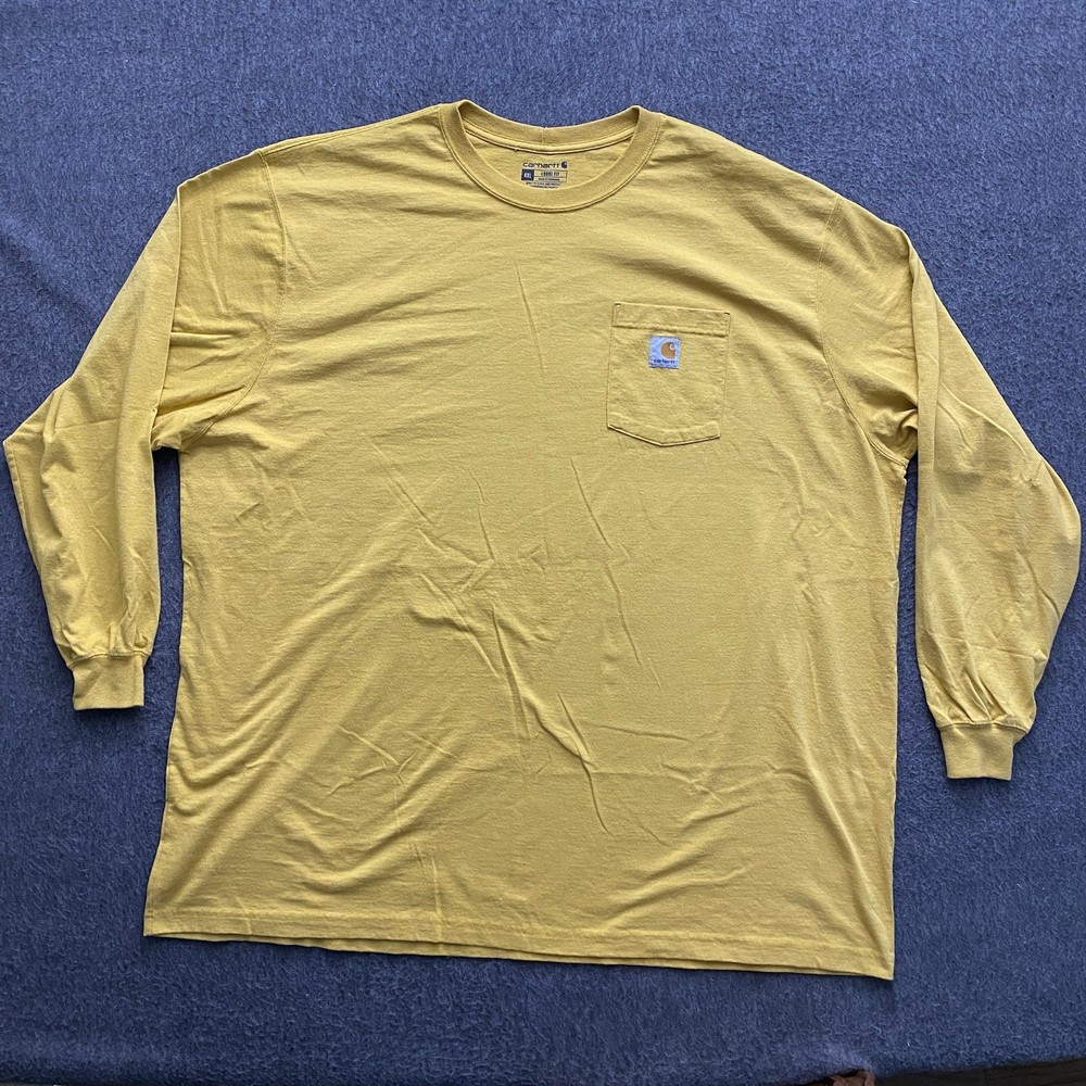 Carhartt T-Shirt Mens 4XL Mustard Yellow Loose Fit Long Sleeve Chest Pocket Logo