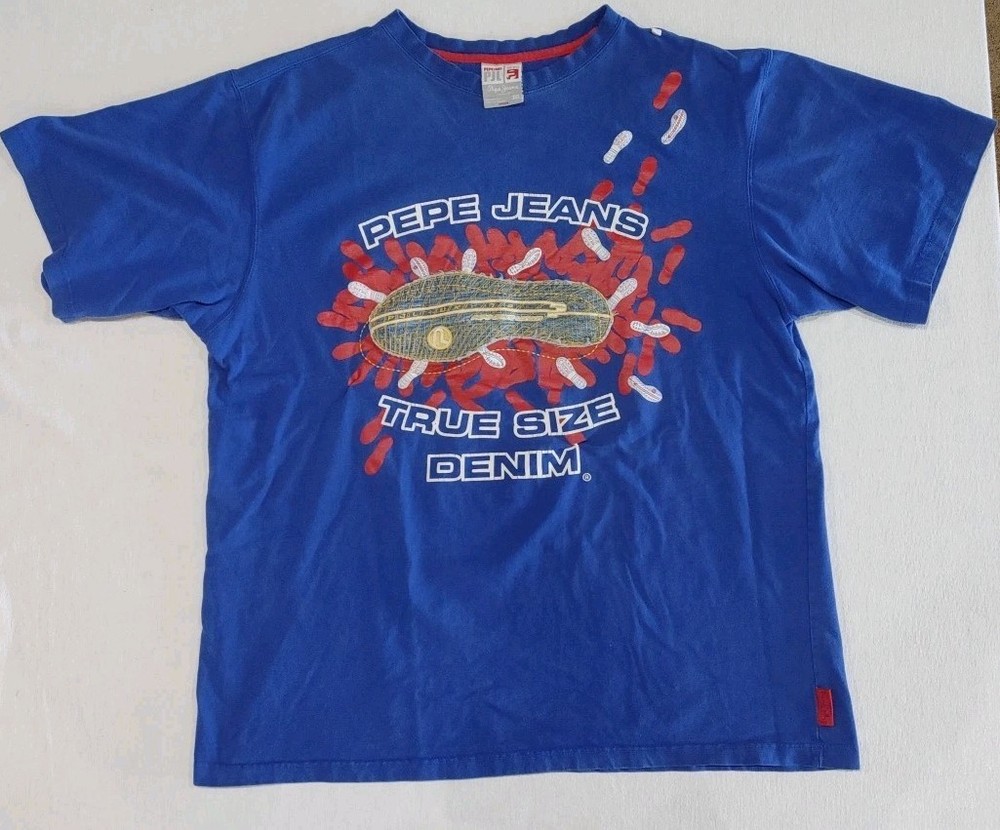 Vintage PEPE JEANS LONDON 2 Sided T-SHIRT “Size Does Matter” Blue Adult Size 3XL