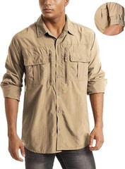 Mens Long Sleeve Cargo Shirt Sun Protection Outdoor Hiking Quick Dry Work Shirts