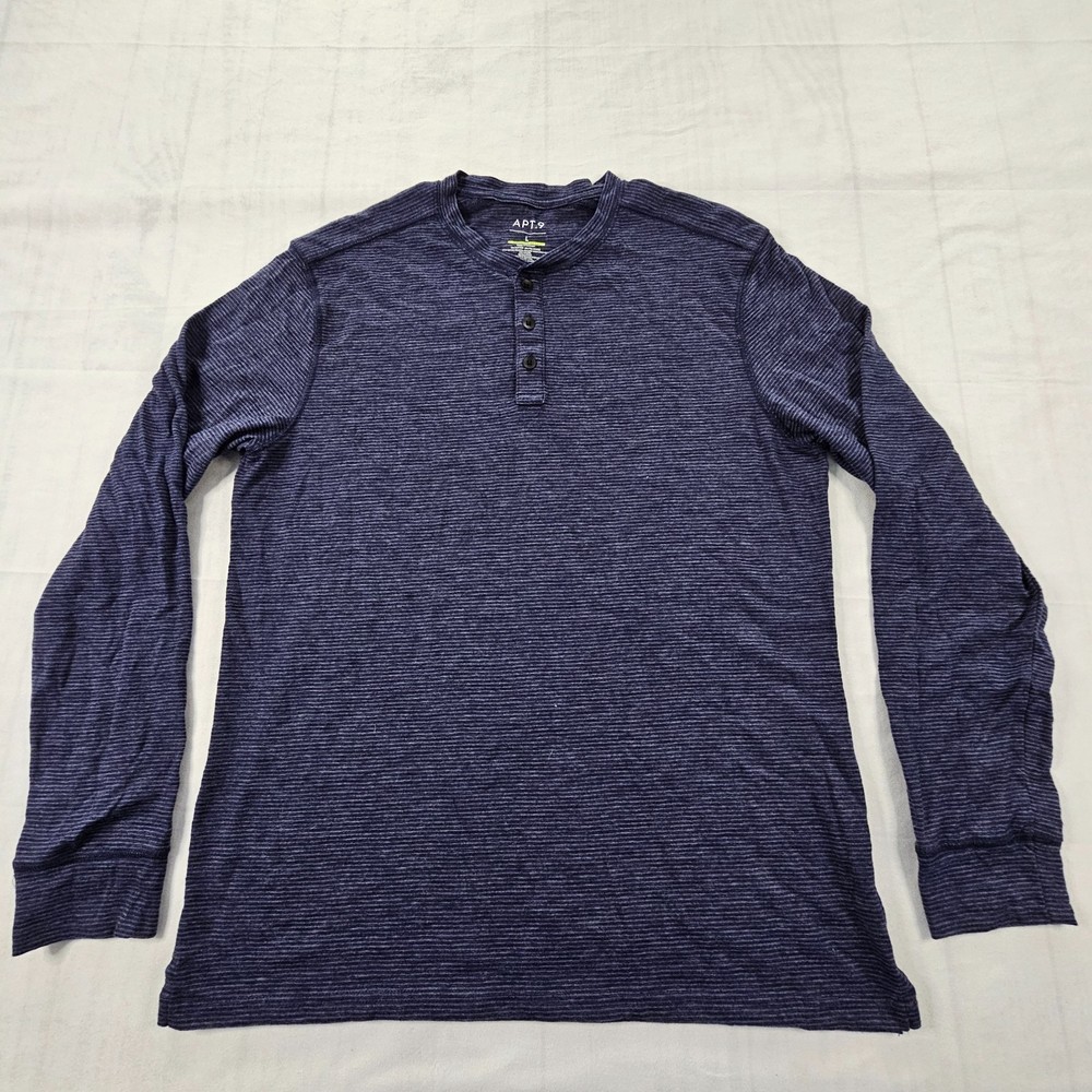 Apt. 9 Premier Flex Blue Striped Long Sleeve Cotton Blend Henley T-Shirt Men’s L
