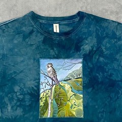 Graphic WHITE OWL & Forest Motif T Shirt Men Medium Teal Organic Cotton Tie-Dye