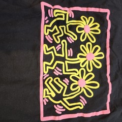 Keith Haring Dancing Flowers T-Shirt Mens XL Black Pink Yellow Pop Art 2 Sided