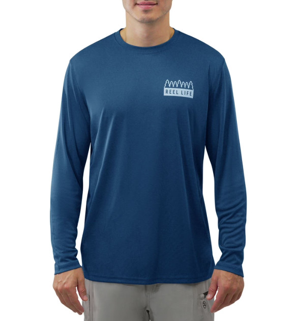 REEL LIFE Men’s Long Sleeve UV Tee-Blue/ White-Size Small- UPF 50+ NWT
