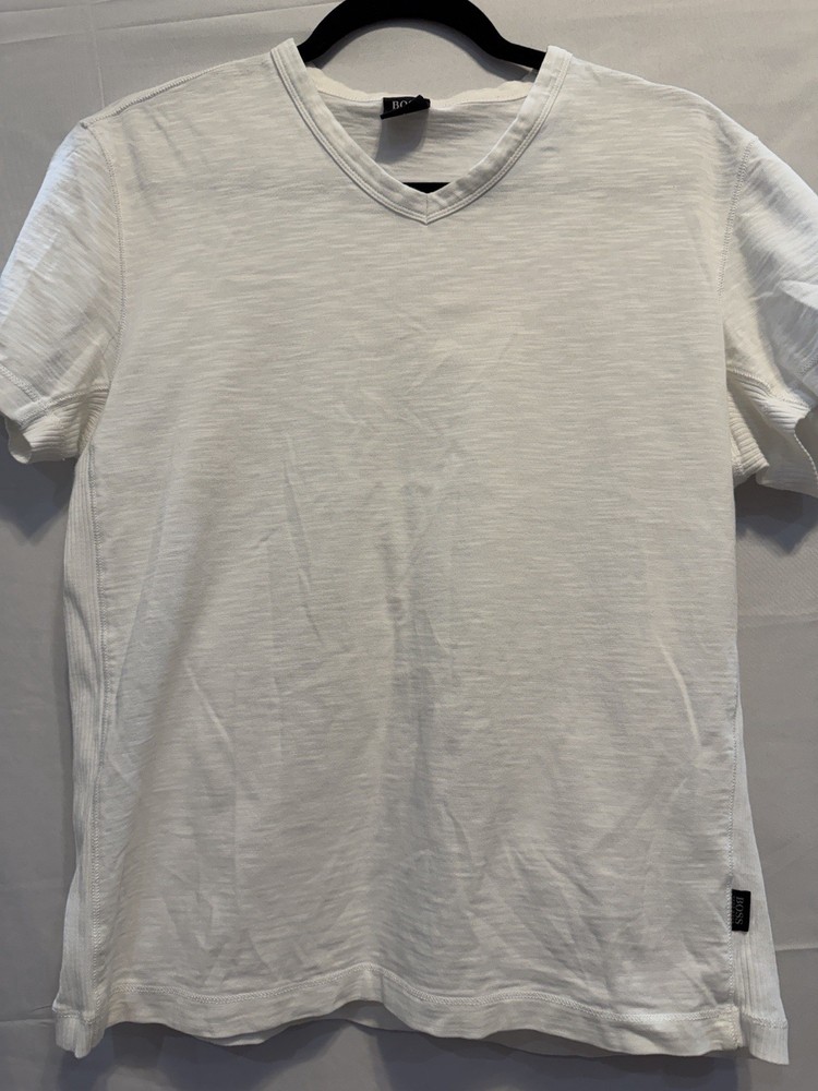 BOSS Hugo Boss Men’s S White Cotton V-Neck Short Sleeve Regular Fit Tee Logo