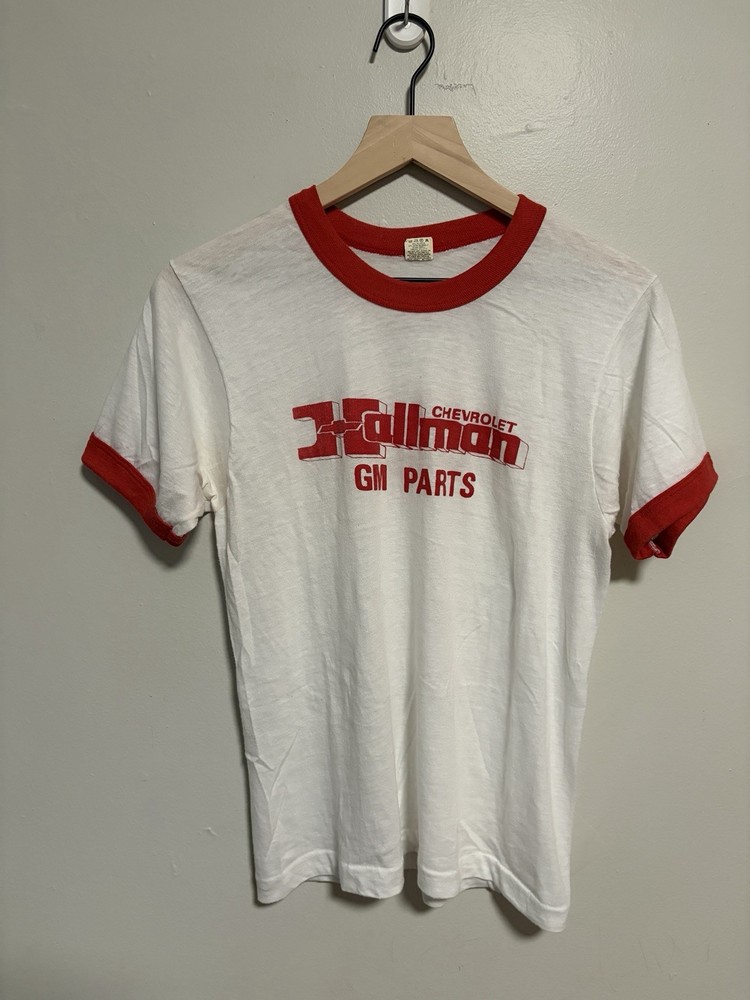 Vintage 1980s Paper Thin Chevrolet GM Parts Ringer T-Shirt Size Medium USA